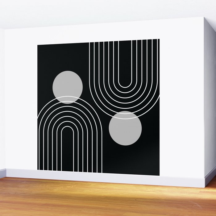 Mid Century Modern Geometric 109 in Black and White (Rainbow and Sun Abstraction) Wall Mural Gallery Image 2
