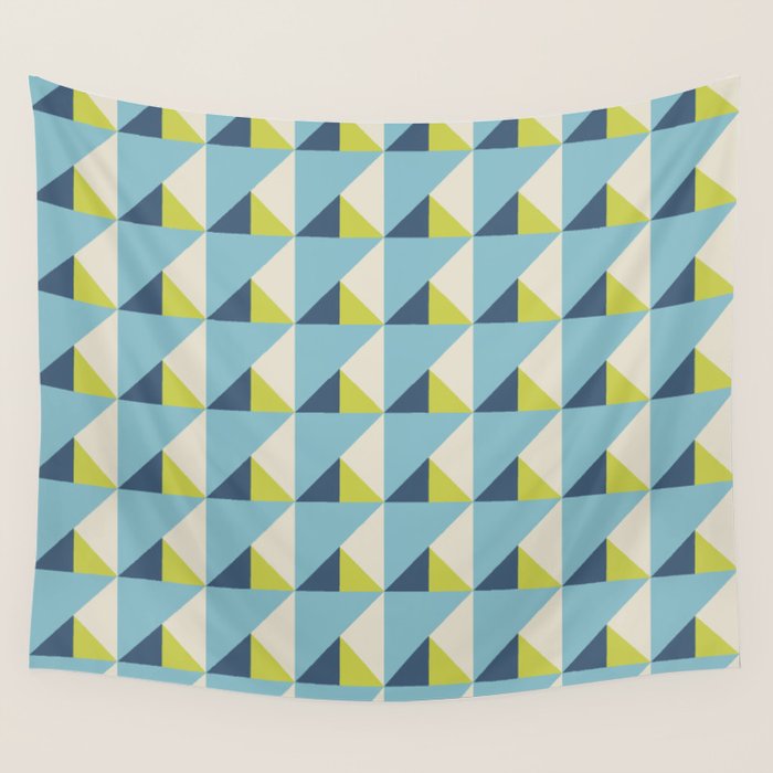 Fresh Geometric Triangle Pattern  Sky Blue Lemon Yellow and Navy Wall Tapestry Gallery Image 1