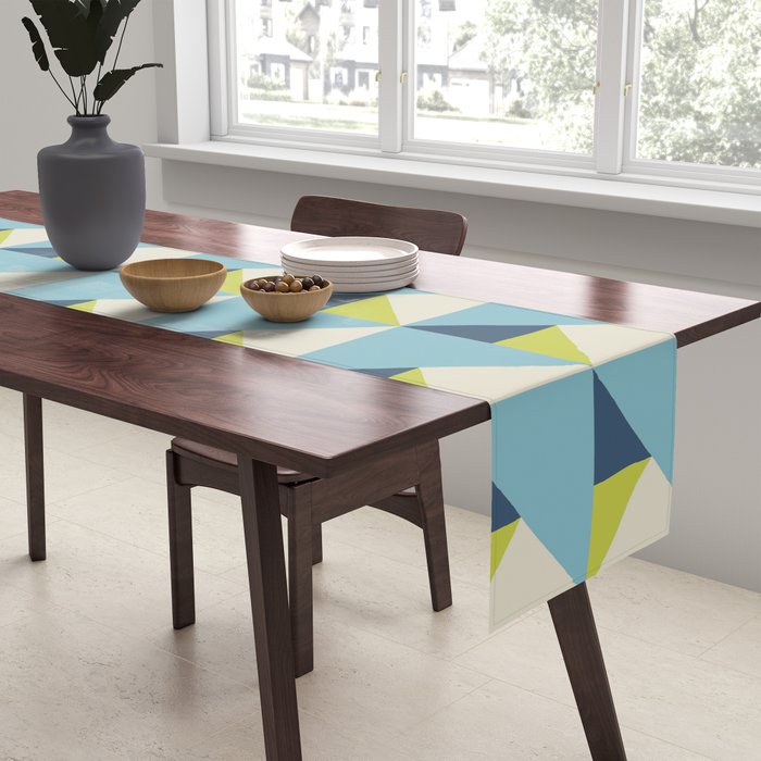 Fresh Geometric Triangle Pattern  Sky Blue Lemon Yellow and Navy Table Runner Gallery Image 2