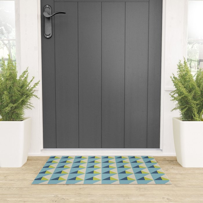 Fresh Geometric Triangle Pattern  Sky Blue Lemon Yellow and Navy Welcome Mat Gallery Image 3