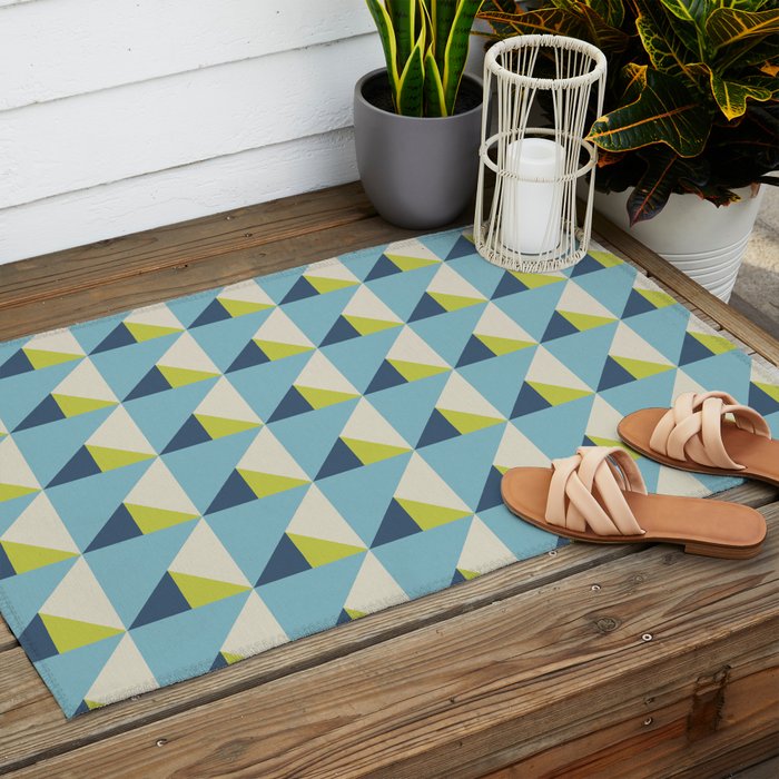 Fresh Geometric Triangle Pattern  Sky Blue Lemon Yellow and Navy Outdoor Rug Gallery Image 2