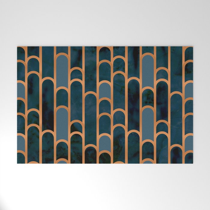 Art Deco Blue Teal Marble and Metallic Copper Marbled Pattern Welcome Mat Gallery Image 1