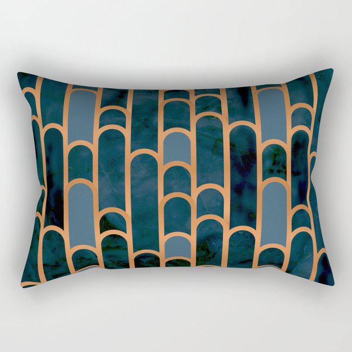 Art Deco Blue Teal Marble and Metallic Copper Marbled Pattern Rectangular Pillow Gallery Image 1