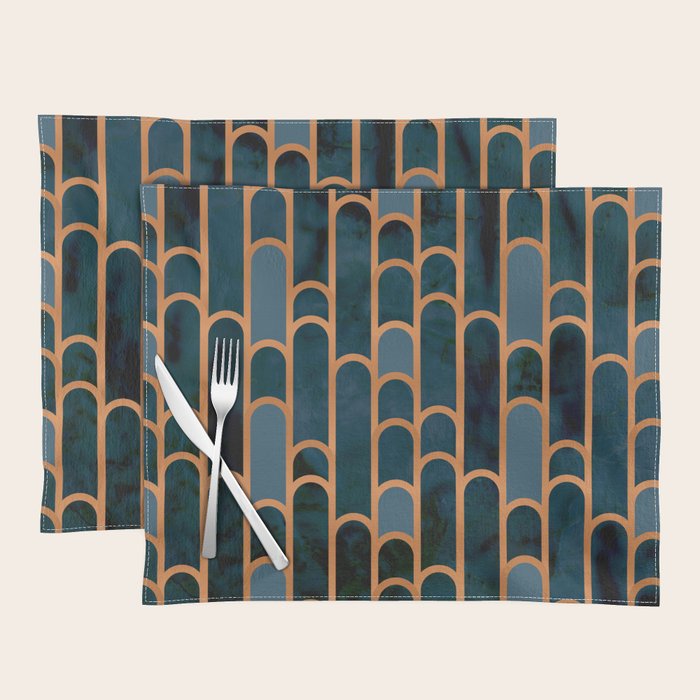 Art Deco Blue Teal Marble and Metallic Copper Marbled Pattern Placemat Gallery Image 1