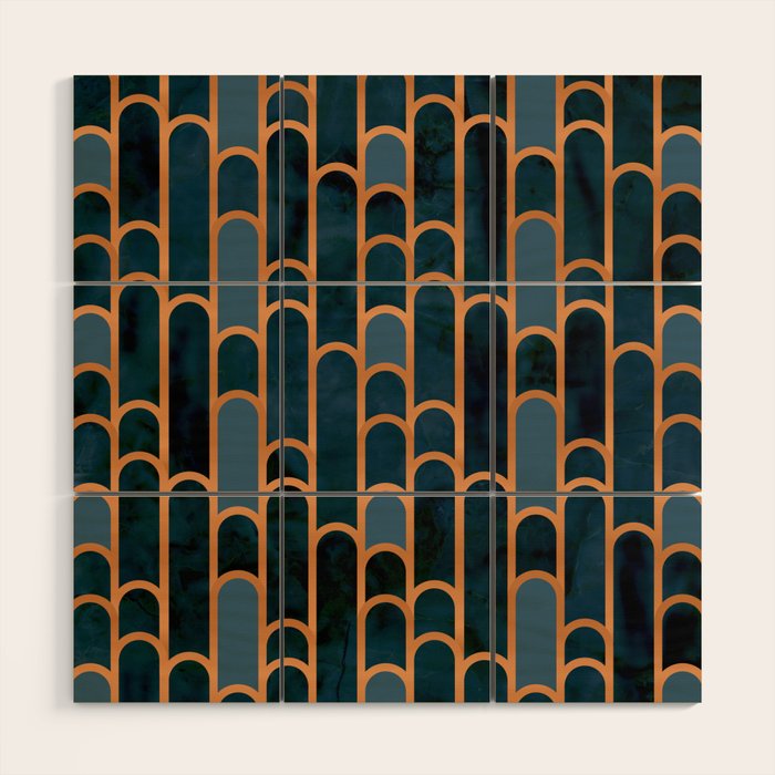 Art Deco Blue Teal Marble and Metallic Copper Marbled Pattern Wood Wall Art Gallery Image 1