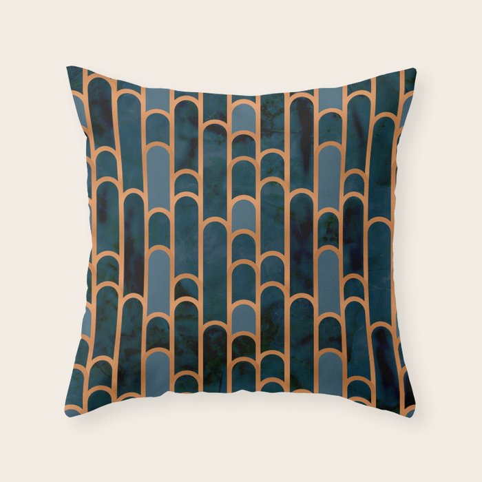 Art Deco Blue Teal Marble and Metallic Copper Marbled Pattern Throw Pillow Gallery Image 6