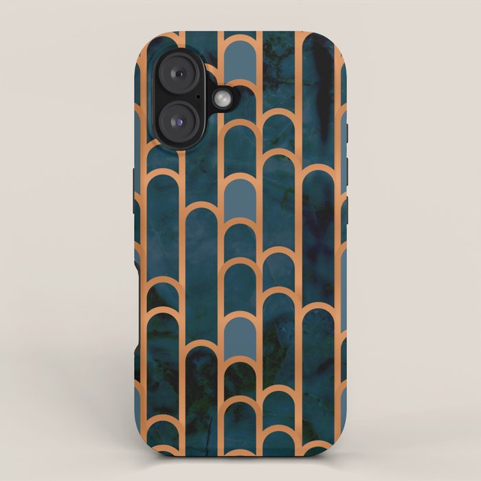 Art Deco Blue Teal Marble and Metallic Copper Marbled Pattern iPhone Case Gallery Image 1
