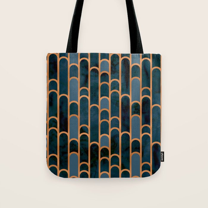 Art Deco Blue Teal Marble and Metallic Copper Marbled Pattern Tote Bag Gallery Image 1