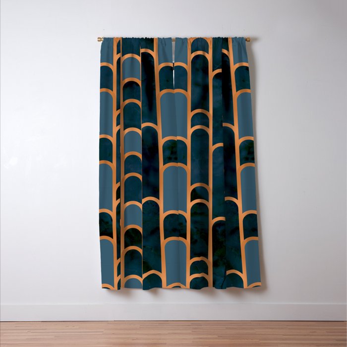 Art Deco Blue Teal Marble and Metallic Copper Marbled Pattern Window Curtain Gallery Image 3