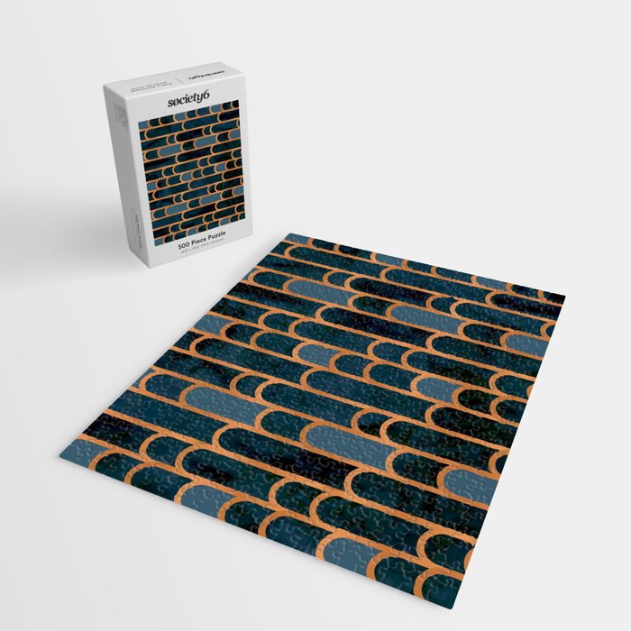Art Deco Blue Teal Marble and Metallic Copper Marbled Pattern Jigsaw Puzzle Gallery Image 2