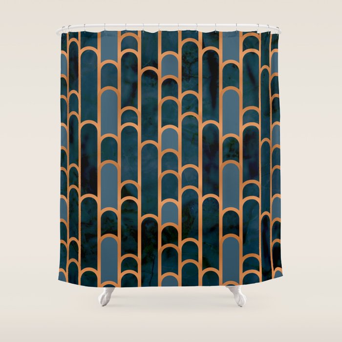 Art Deco Blue Teal Marble and Metallic Copper Marbled Pattern Shower Curtain Gallery Image 1