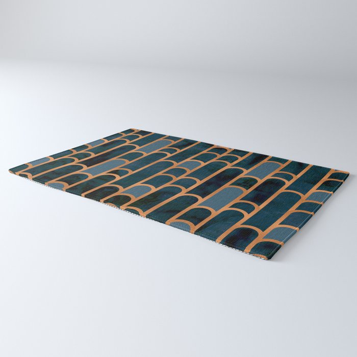 Art Deco Blue Teal Marble and Metallic Copper Marbled Pattern Rug Gallery Image 3