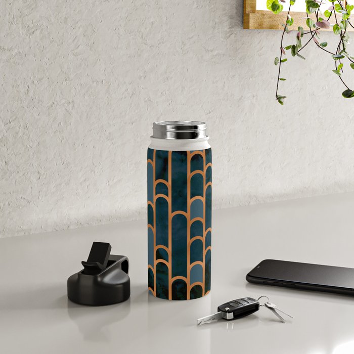 Art Deco Blue Teal Marble and Metallic Copper Marbled Pattern Water Bottle Gallery Image 4