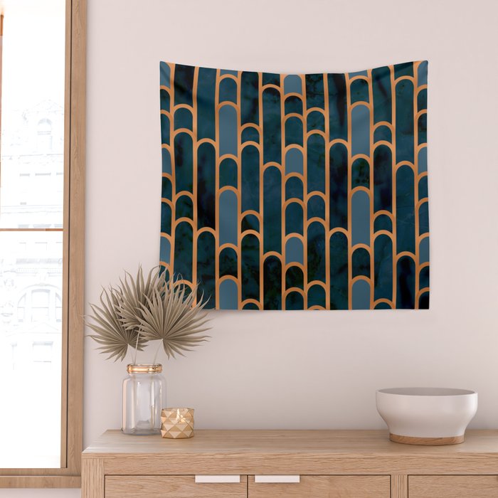 Art Deco Blue Teal Marble and Metallic Copper Marbled Pattern Wall Tapestry Gallery Image 2