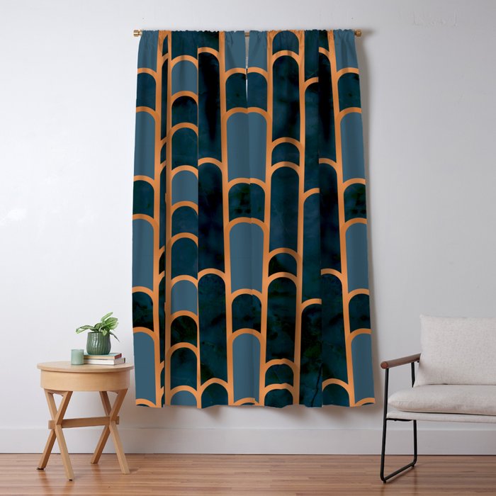 Art Deco Blue Teal Marble and Metallic Copper Marbled Pattern Window Curtain Gallery Image 5