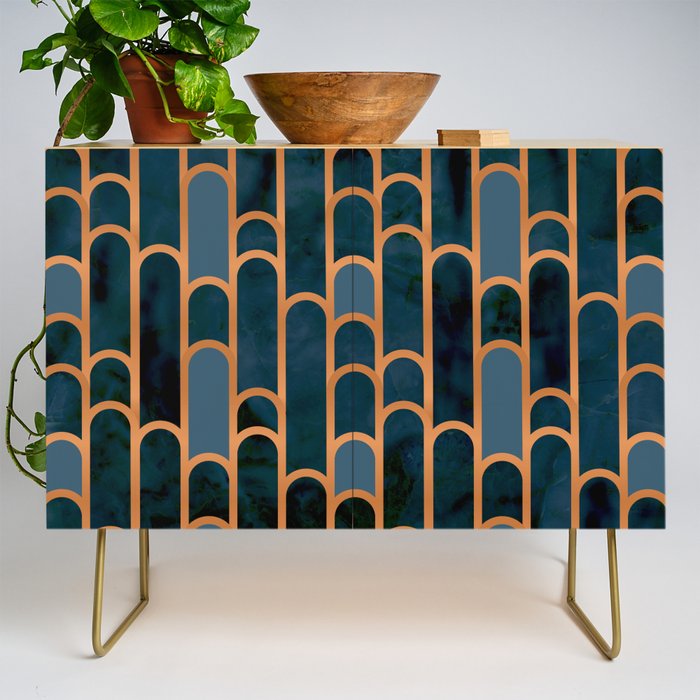 Art Deco Blue Teal Marble and Metallic Copper Marbled Pattern Credenza Gallery Image 1