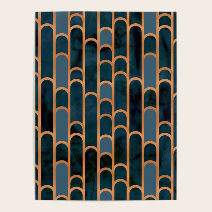 Art Deco Blue Teal Marble and Metallic Copper Marbled Pattern Poster Gallery Image 4