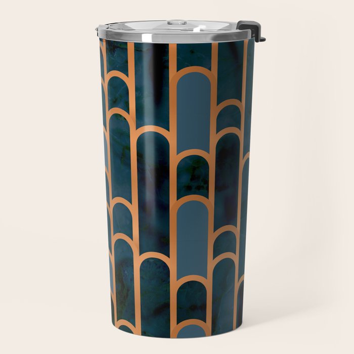 Art Deco Blue Teal Marble and Metallic Copper Marbled Pattern Travel Mug Gallery Image 2