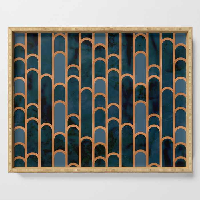 Art Deco Blue Teal Marble and Metallic Copper Marbled Pattern Serving Tray Gallery Image 1