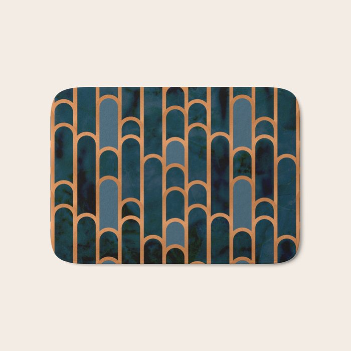 Art Deco Blue Teal Marble and Metallic Copper Marbled Pattern Bath Mat Gallery Image 1