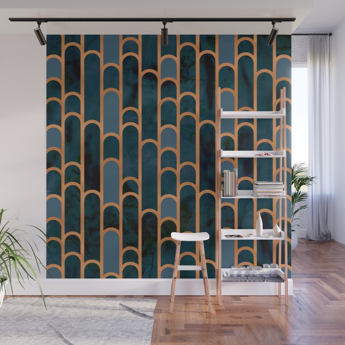 Art Deco Blue Teal Marble and Metallic Copper Marbled Pattern Wall Mural Gallery Image 1
