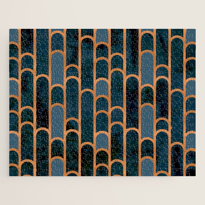 Art Deco Blue Teal Marble and Metallic Copper Marbled Pattern Jigsaw Puzzle Gallery Image 1