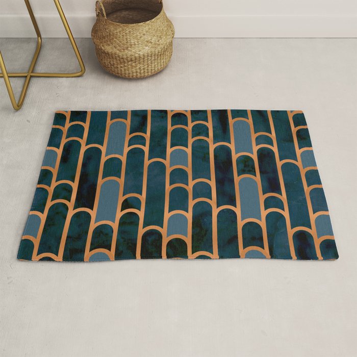Art Deco Blue Teal Marble and Metallic Copper Marbled Pattern Rug Gallery Image 1