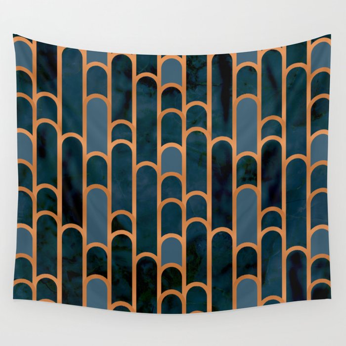 Art Deco Blue Teal Marble and Metallic Copper Marbled Pattern Wall Tapestry Gallery Image 4