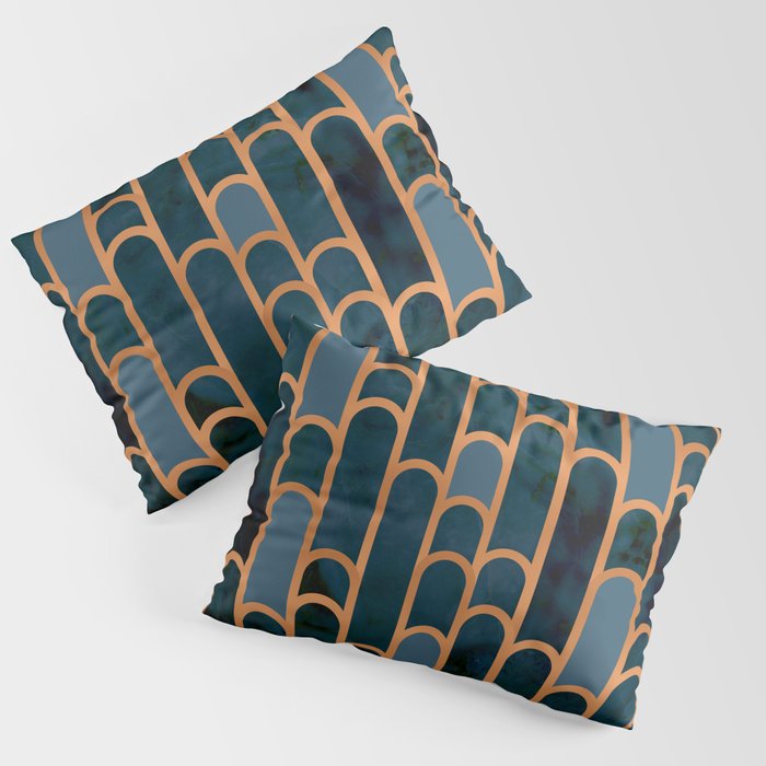 Art Deco Blue Teal Marble and Metallic Copper Marbled Pattern Pillow Sham Gallery Image 3