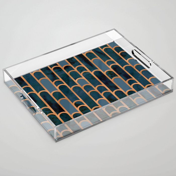 Art Deco Blue Teal Marble and Metallic Copper Marbled Pattern Acrylic Tray Gallery Image 1