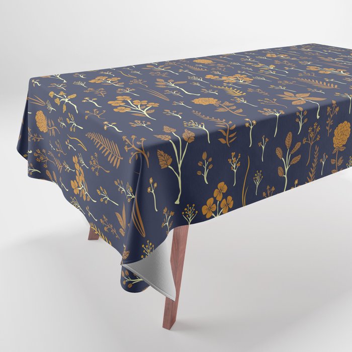 Navy Blue & Mustard Yellow Floral Pattern Tablecloth Gallery Image 1