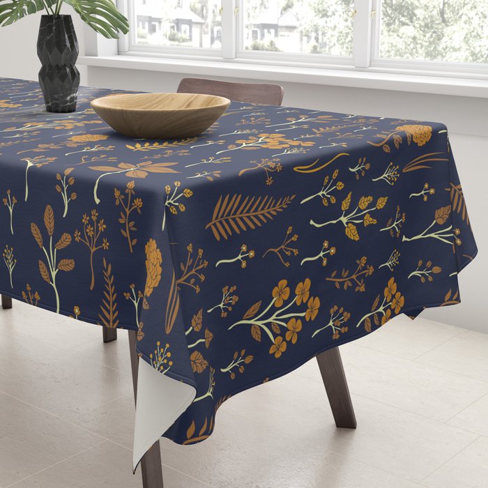 Navy Blue & Mustard Yellow Floral Pattern Tablecloth Gallery Image 3