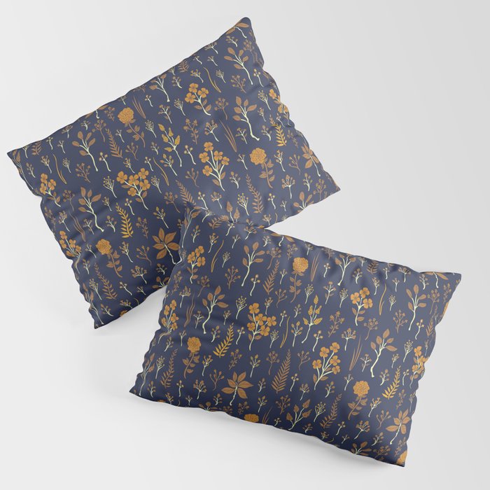 Navy Blue & Mustard Yellow Floral Pattern Pillow Sham Gallery Image 1