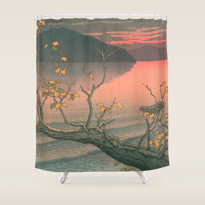 Sunset At Lake Towada, Nenokuchi - Vintage Japanese Woodblock Print Art By Hasui Kawase, 1930's. Shower Curtain Gallery Image 1