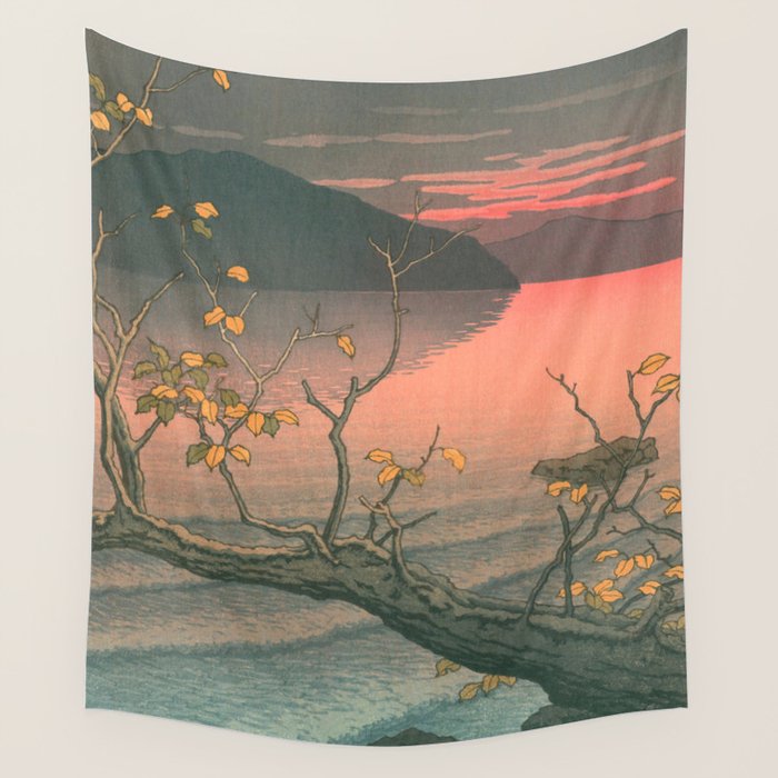 Sunset At Lake Towada, Nenokuchi - Vintage Japanese Woodblock Print Art By Hasui Kawase, 1930's. Wall Tapestry Gallery Image 1