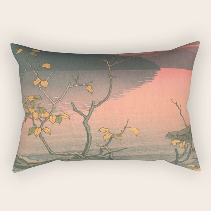 Sunset At Lake Towada, Nenokuchi - Vintage Japanese Woodblock Print Art By Hasui Kawase, 1930's. Rectangular Pillow Gallery Image 1