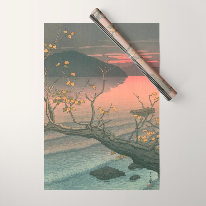 Sunset At Lake Towada, Nenokuchi - Vintage Japanese Woodblock Print Art By Hasui Kawase, 1930's. Wrapping Paper Gallery Image 1