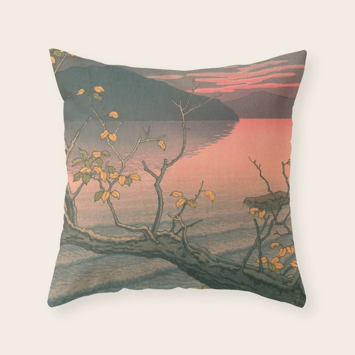 Sunset At Lake Towada, Nenokuchi - Vintage Japanese Woodblock Print Art By Hasui Kawase, 1930's. Throw Pillow Gallery Image 1