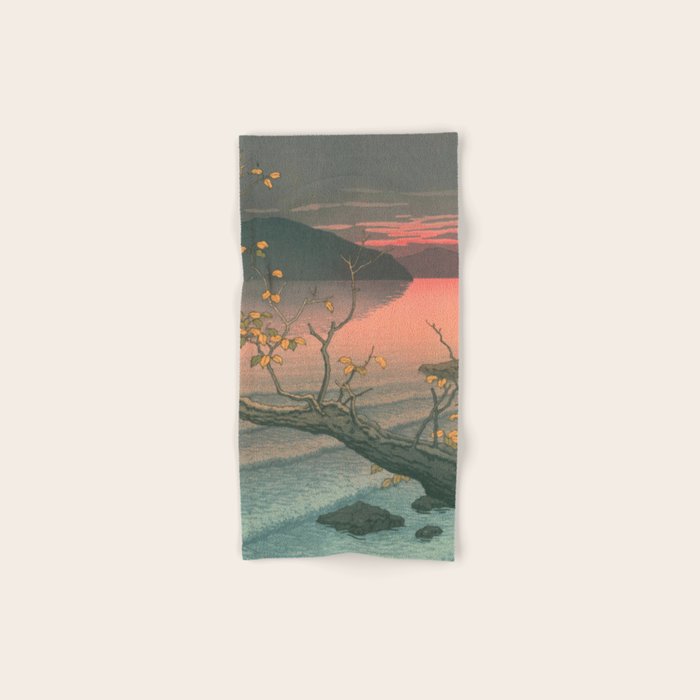 Sunset At Lake Towada, Nenokuchi - Vintage Japanese Woodblock Print Art By Hasui Kawase, 1930's. Bath Towel Gallery Image 1