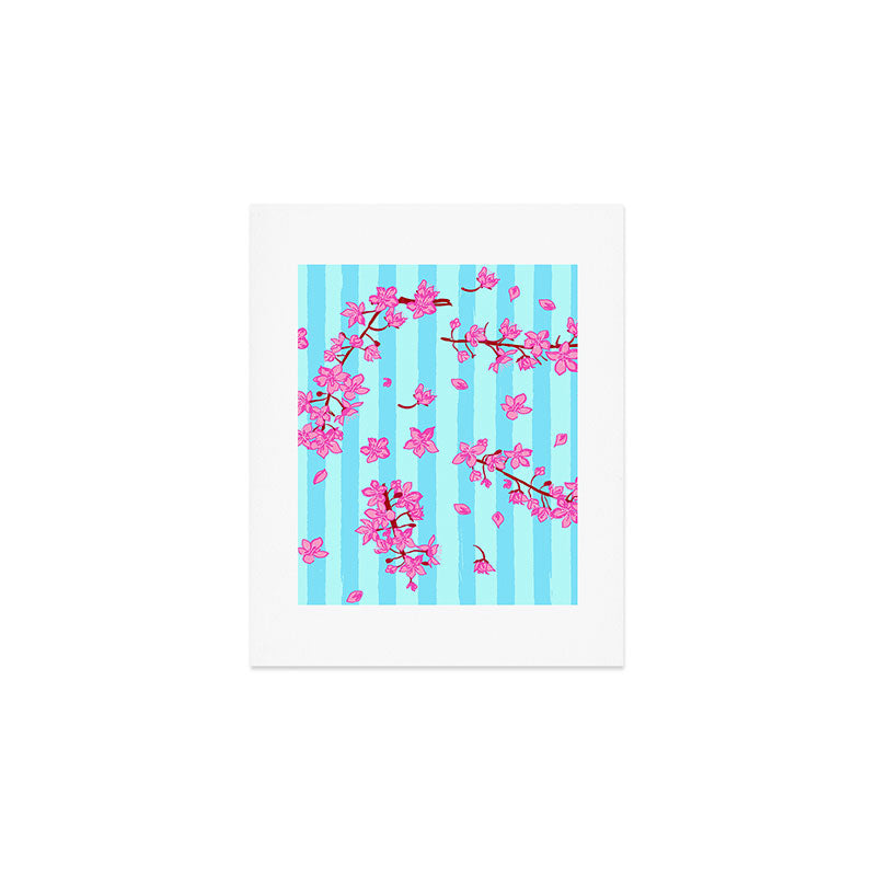 Blue Retro Stripes Sakura Floral Art Print Gallery Image 1