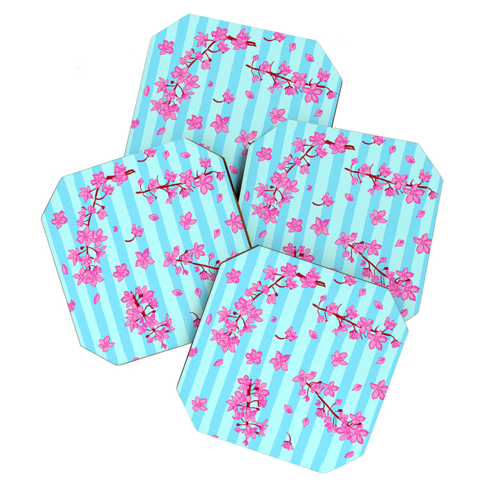 Blue Retro Stripes Sakura Floral Coaster Gallery Image 1
