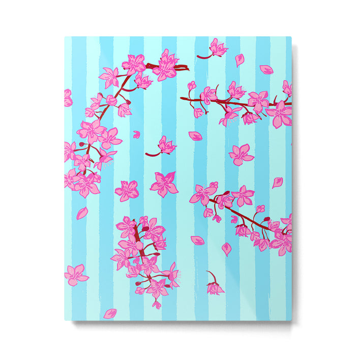 Blue Retro Stripes Sakura Floral Metal Print Gallery Image 1