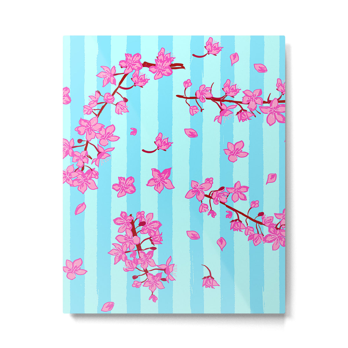 Blue Retro Stripes Sakura Floral Metal Print Gallery Image 6
