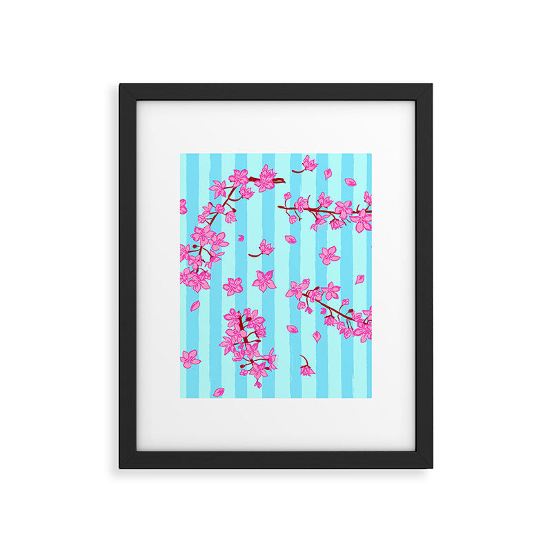 Blue Retro Stripes Sakura Floral Framed Art Print Gallery Image 6