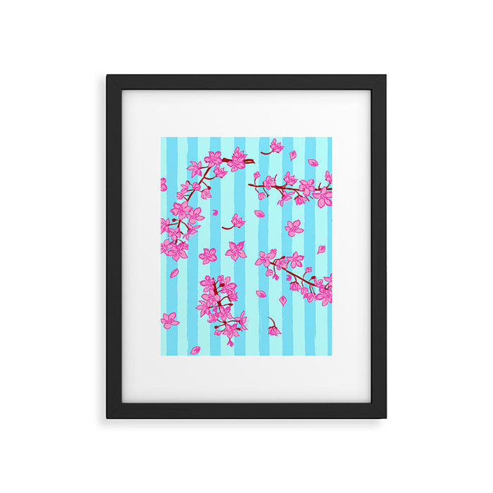 Blue Retro Stripes Sakura Floral Framed Art Print Gallery Image 1