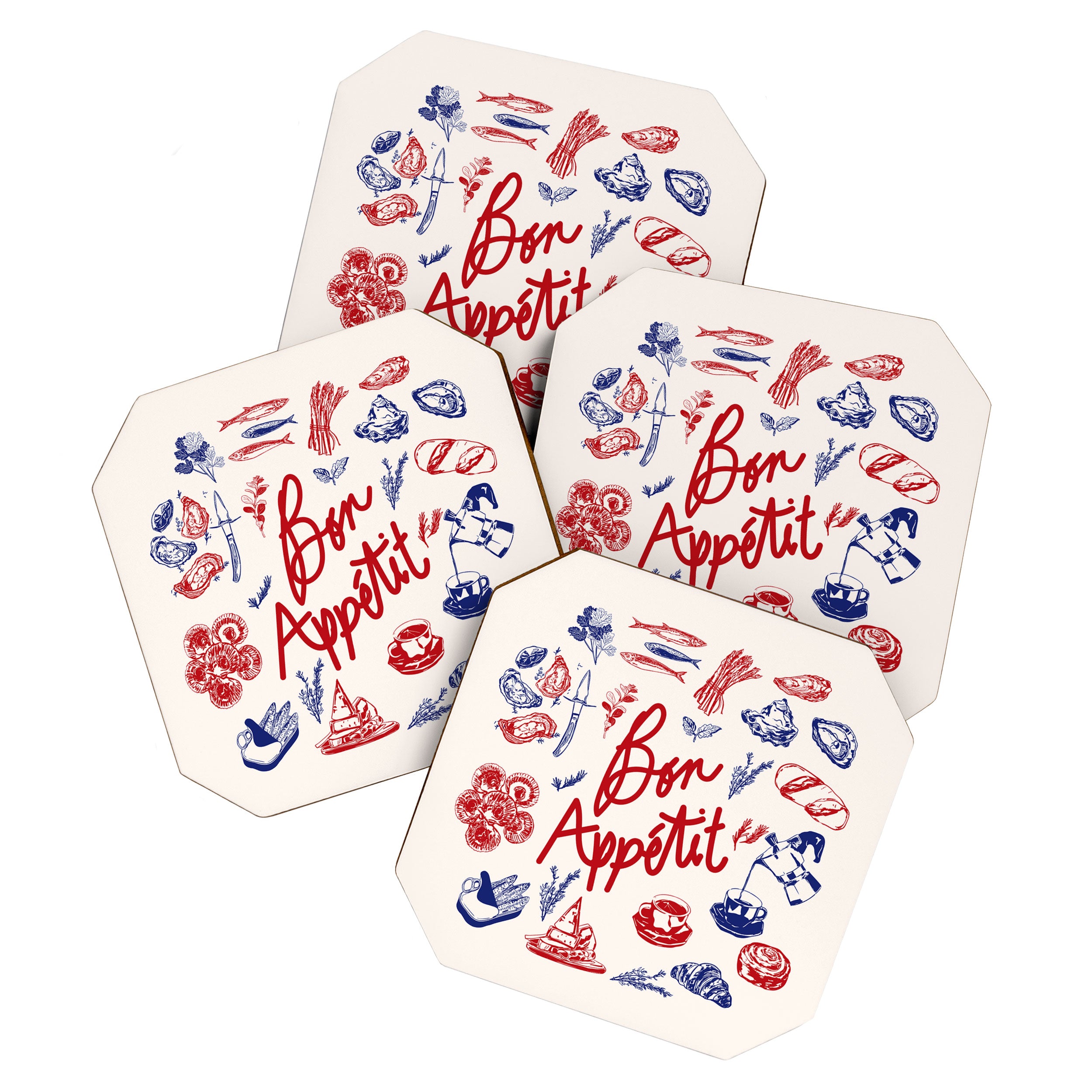 Bon Appetit Seafood and French Bread Handdrawn Gourmet Food Illustration Coaster Gallery Image 1