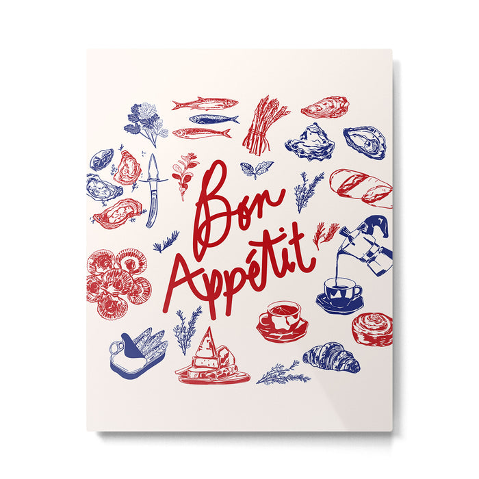 Bon Appetit Seafood and French Bread Handdrawn Gourmet Food Illustration Metal Print Gallery Image 1