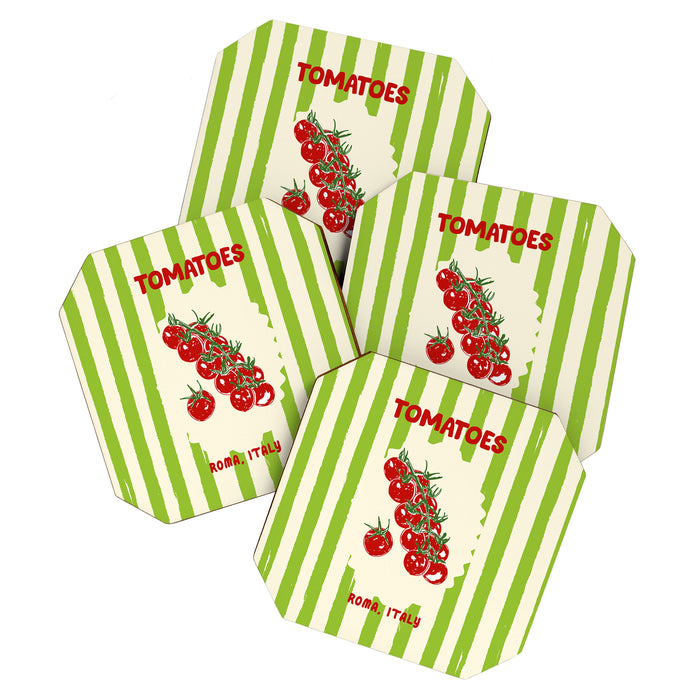 Green Retro Stripes Tomatoes Coaster Gallery Image 1