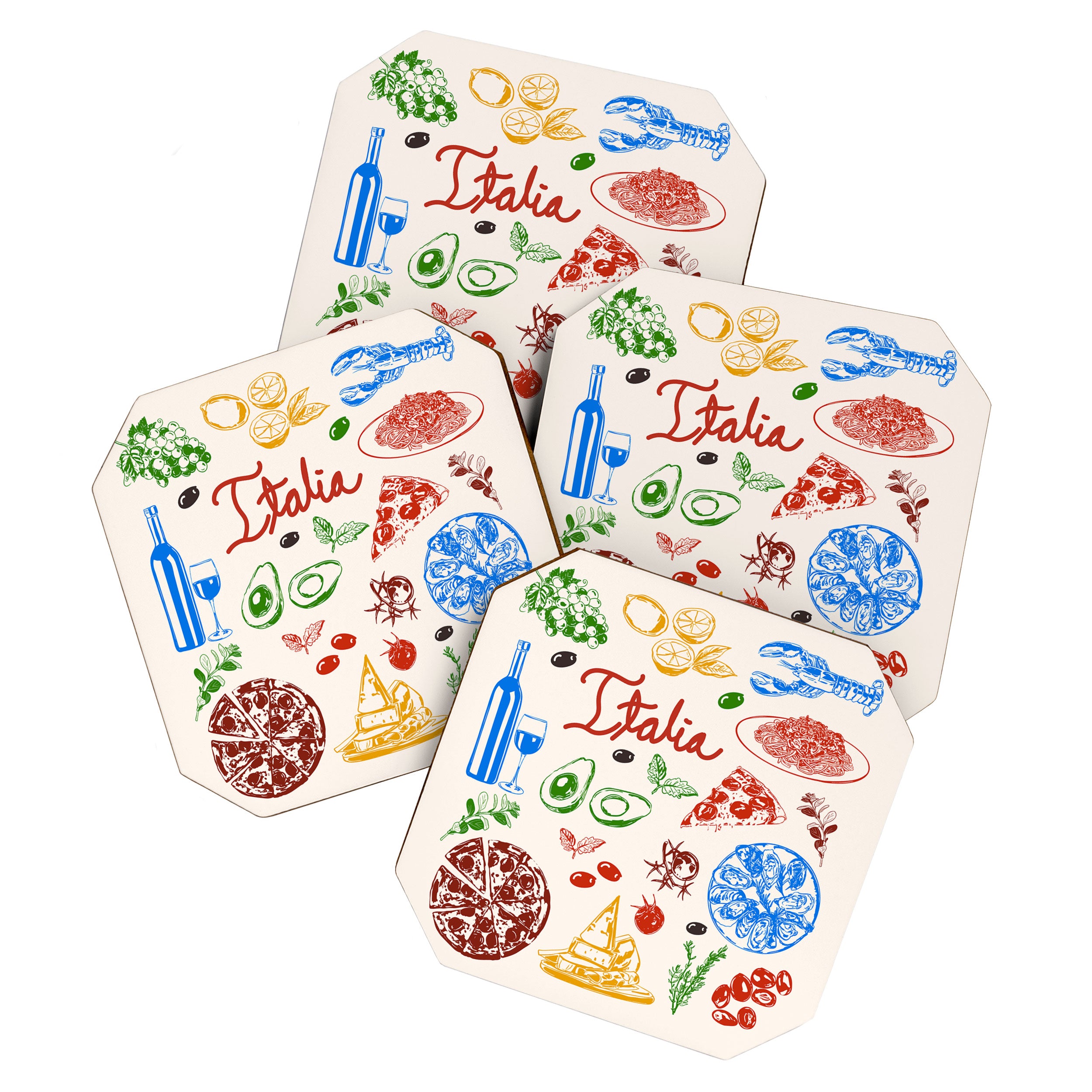 Italy Food Illustration Colorful Handdrawn Mediterranean Cuisine Coaster Gallery Image 1