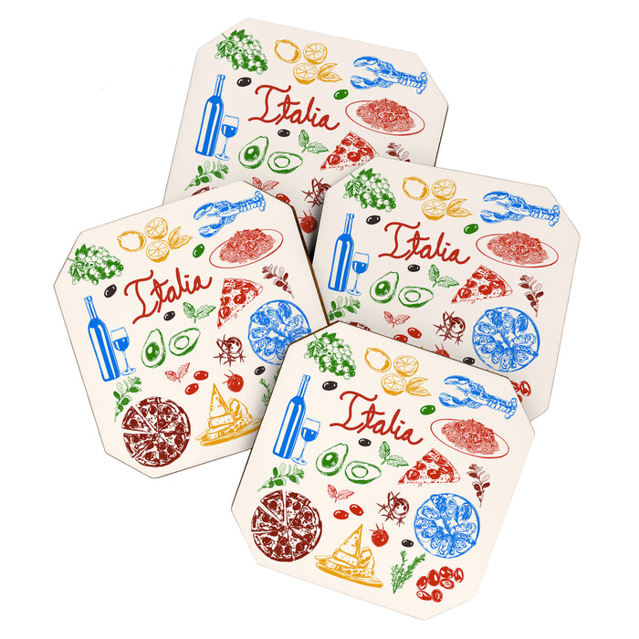 Italy Food Illustration Colorful Handdrawn Mediterranean Cuisine Coaster Gallery Image 1